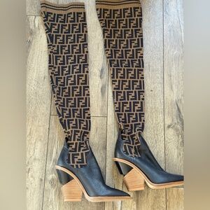 Fendi Black and Tan Over-the-Knee Boots